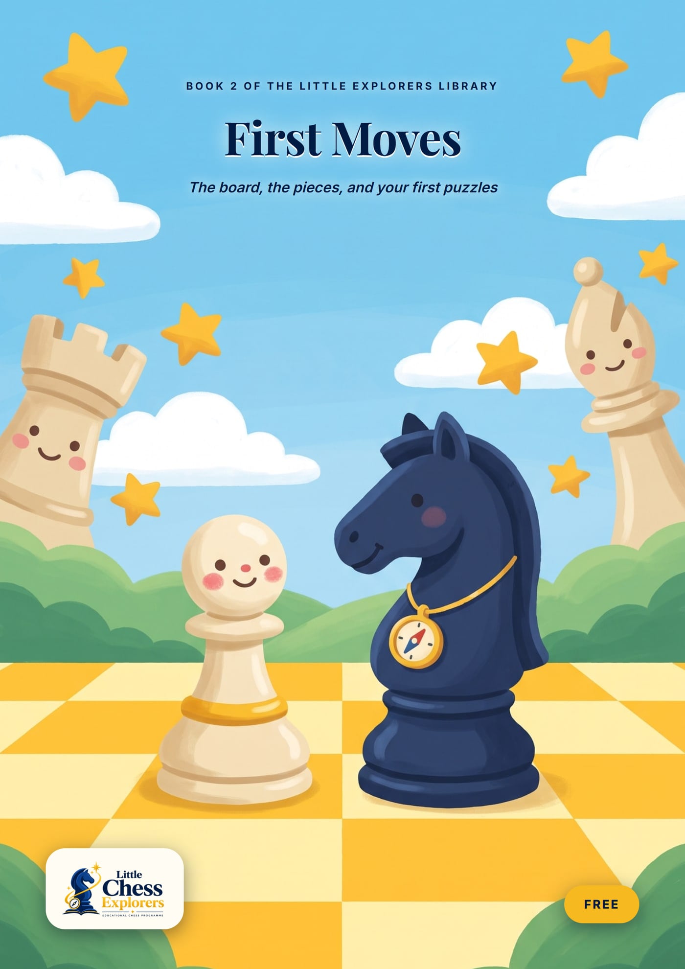 The cover of First Moves: Pip and Nell on a sunny chessboard playground.